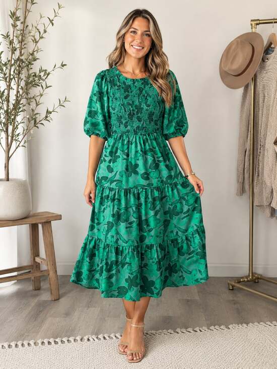 Sugarlips Dresses & Skirts - Sugarlips Emerald Green Floral Smocked Tiered Midi Dress Puff Sleeve Small